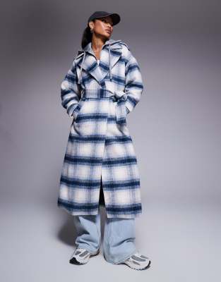 River Island wool look belted coat in blue check | ASOS