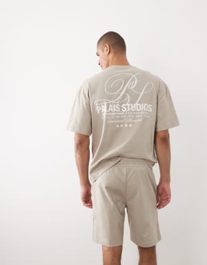 River Island word detail boxy oversized t-shirt and shorts set in stone
