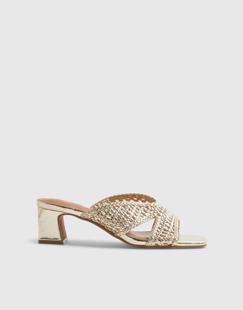 River Island Woven block heel mule sandals in gold - view 1