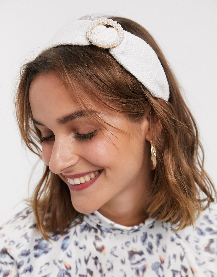 River Island woven headband with pearl detail in cream