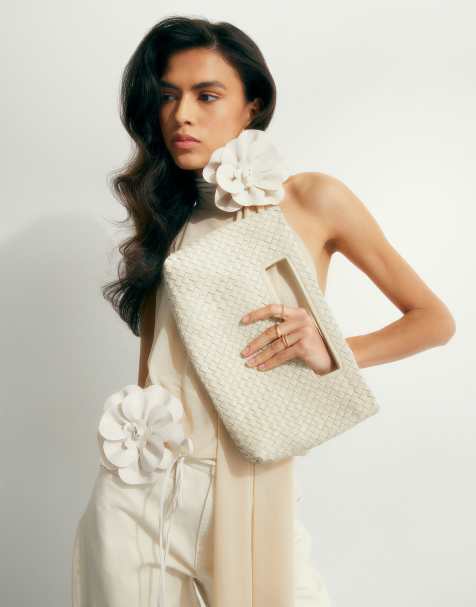 River Island Woven leather clutch bag in cream - view 1