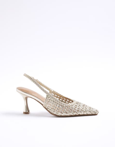 River Island Woven sling back court heels in gold - view 1