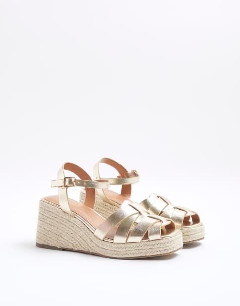 River Island Woven wedge sandals in gold - view 1