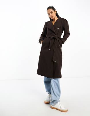 River Island wrap coat in dark brown | ASOS