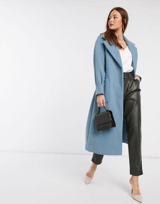 River Island wrap coat with balloon sleeves in blue