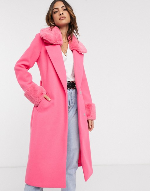 River Island wrap coat with faux fur collar and cuffs in pink