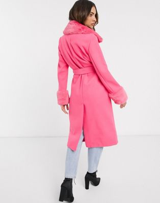 River Island wrap coat with faux fur collar and cuffs in pink