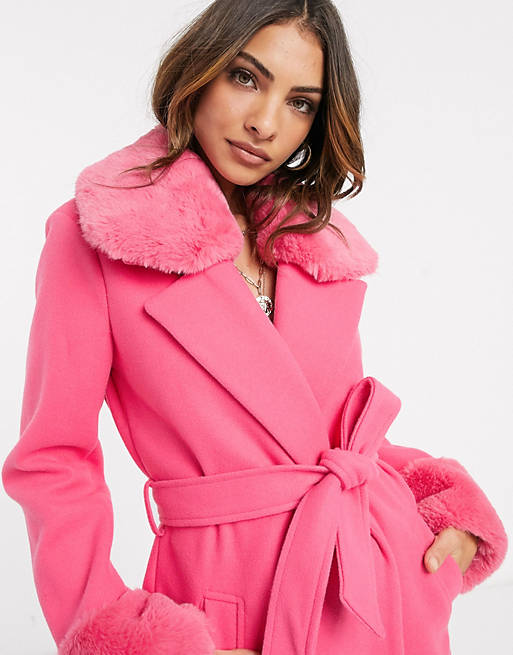 River Island Wrap Coat With Faux Fur, River Island Wrap Coat With Faux Fur Collar And Cuffs In Pink