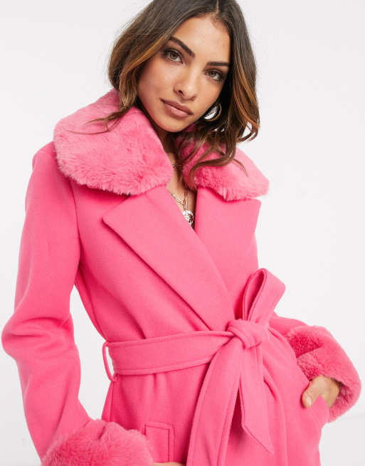 Ever New Petite faux fur collar coat with cuffs in pink - ShopStyle