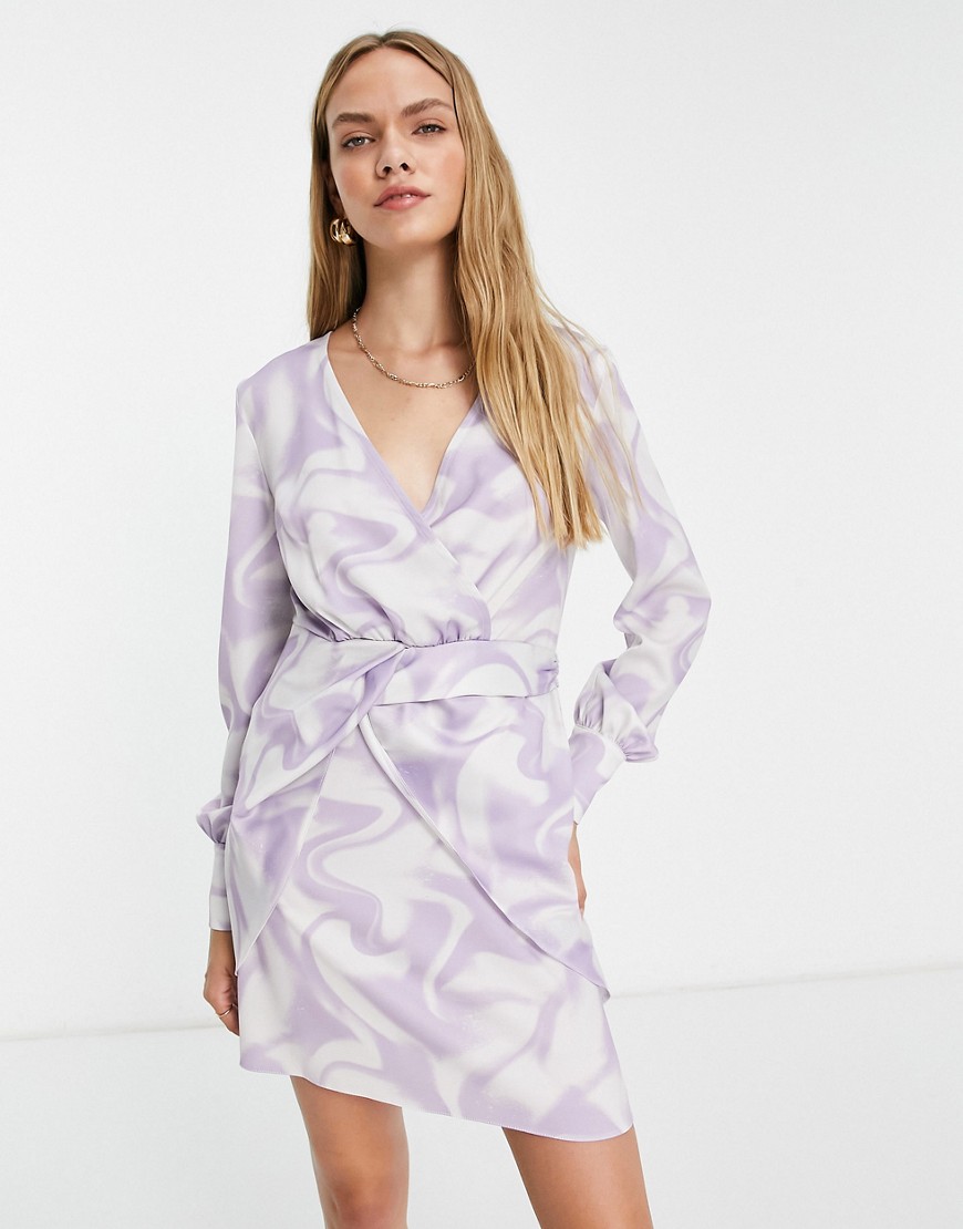 River Island Wrap Detail Mini Dress In Purple Swirl Print