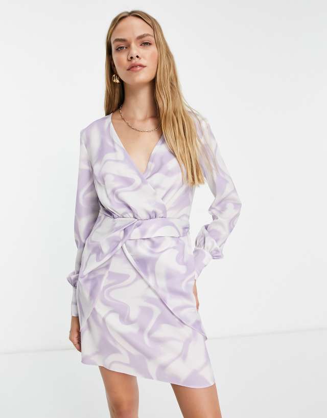 River Island wrap detail mini dress in purple swirl print