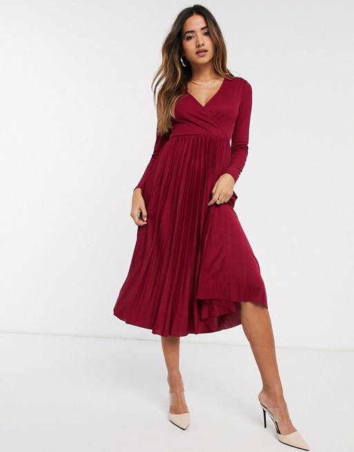 River Island wrap front pleated midi dress in burgundy