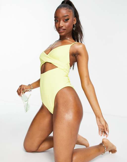 River Island wrap front swimsuit in pale yellow