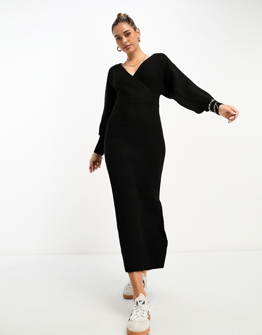 River Island Wrap Knitted Maxi Dress In Black