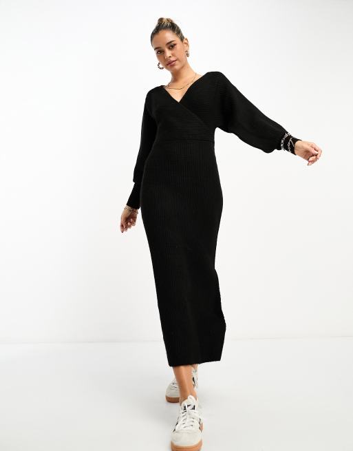 River Island wrap knitted maxi dress in black | ASOS