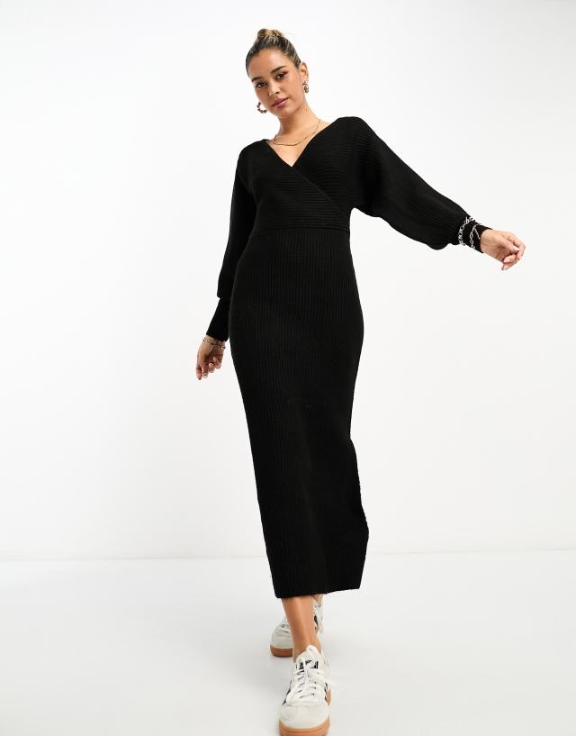 River Island - wrap knitted maxi dress in black