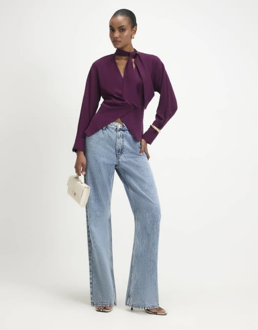 River Island Wrap scarf detail shirt in purple, 2 of 4