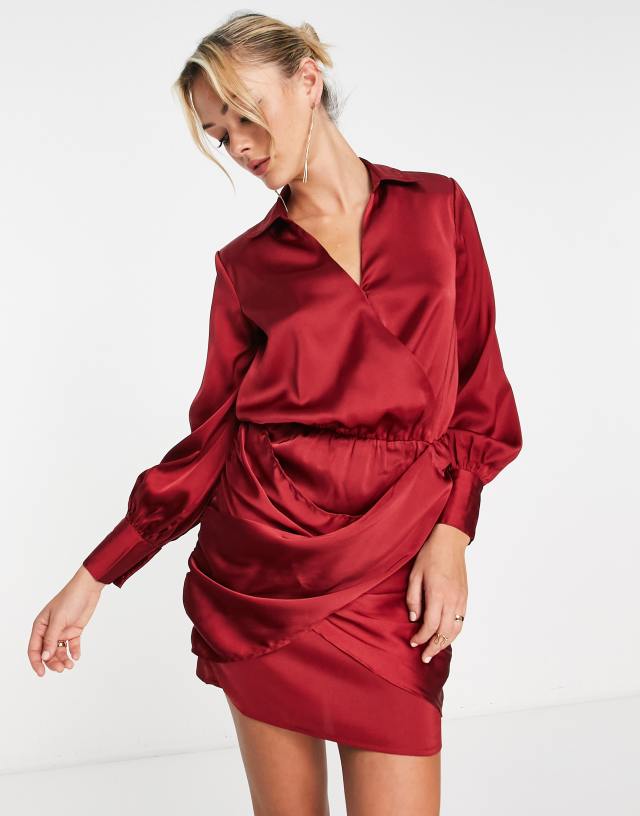 River Island wrap shirt mini dress in red satin