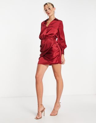 River Island wrap shirt mini dress in red satin