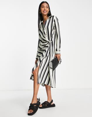 River Island wrap stripe shirt midi dress in black