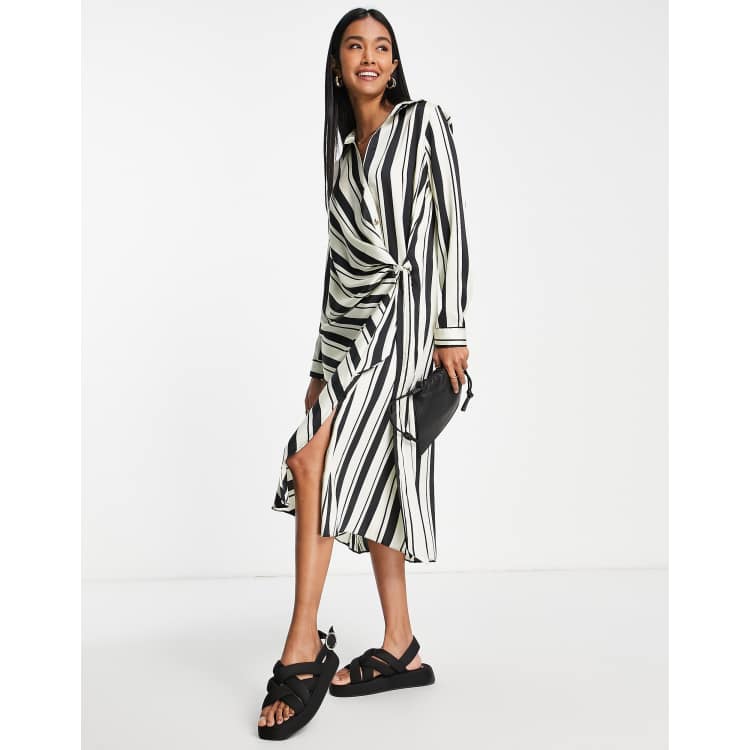 River Island wrap stripe shirt midi dress in black | ASOS