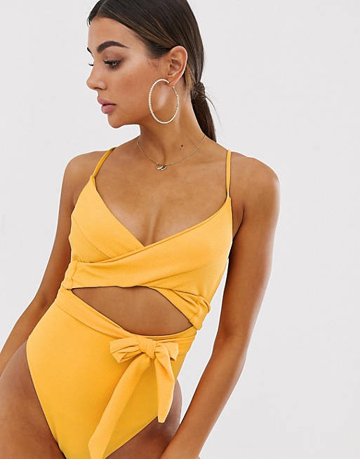 River Island wrap swimsuit with tie front in yellow