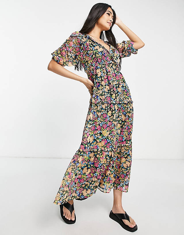 River Island wrap tiered maxi dress in black floral