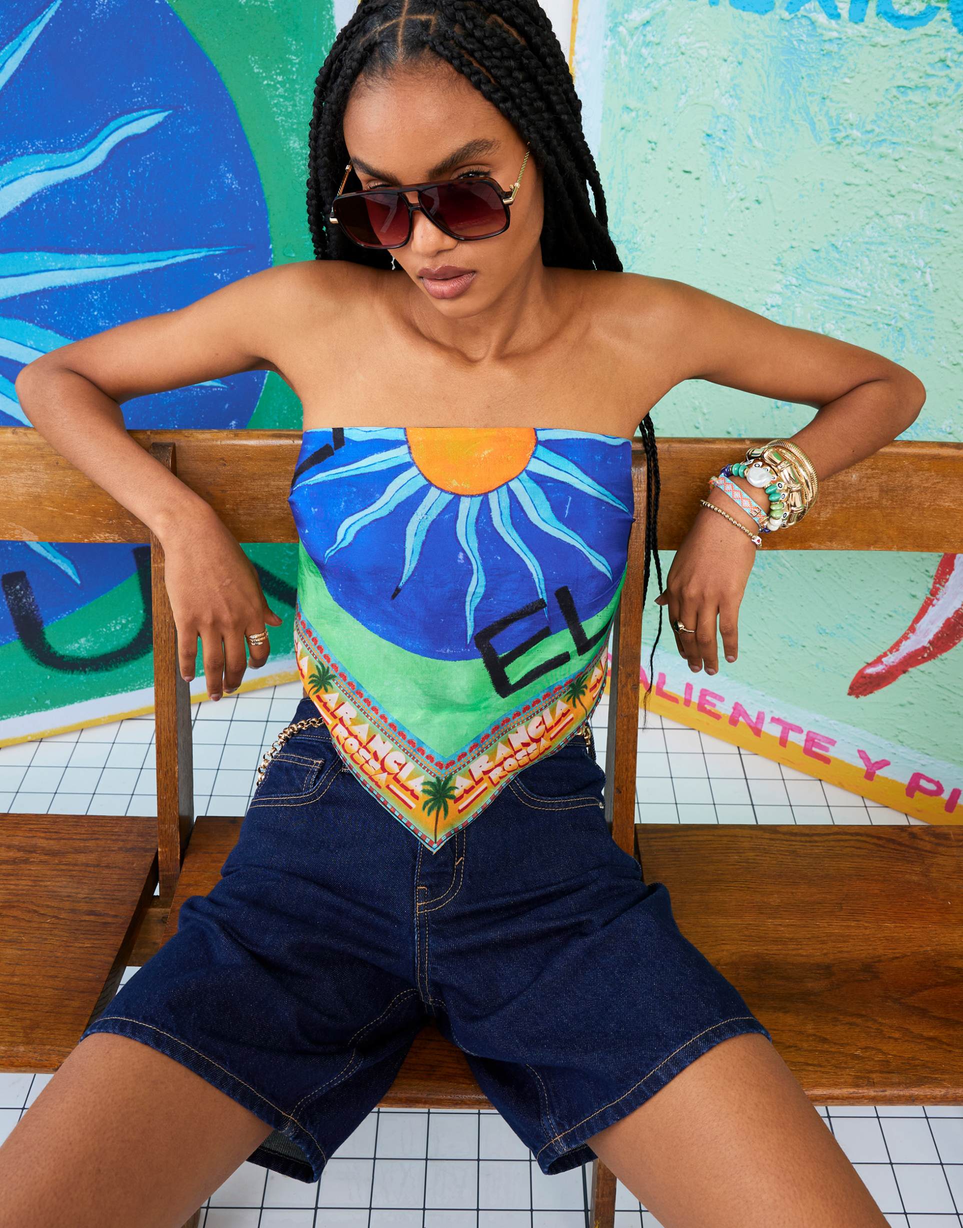 river island x atlas tropical print bandana top in beige