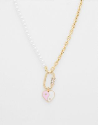 River Island yin yang heart half pearl chain necklace in gold