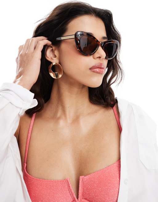 River Island – Zaokrąglone okulary przeciwsłoneczne typu kocie oko z szylkretowymi oprawkami 