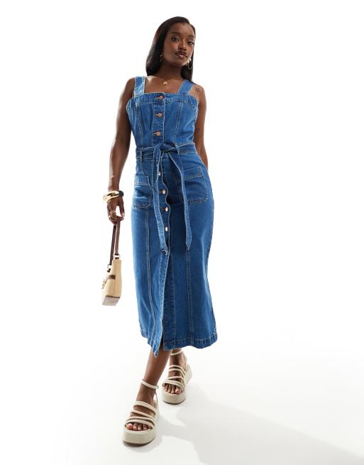 River Island – Zapinana na guziki jeansowa sukienka midi w spranym niebieskim kolorze