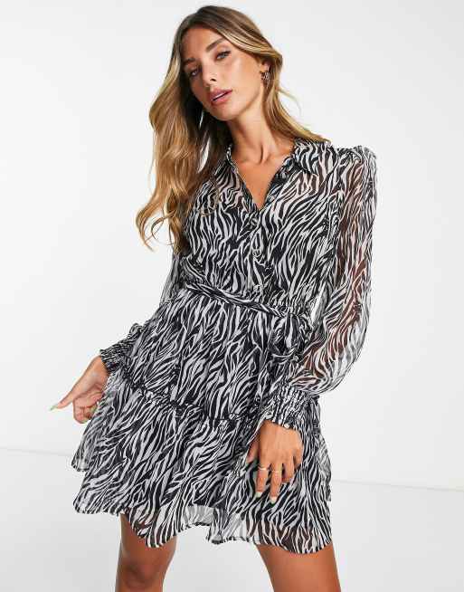 River Island zebra print belted mini shirt dress in black | ASOS