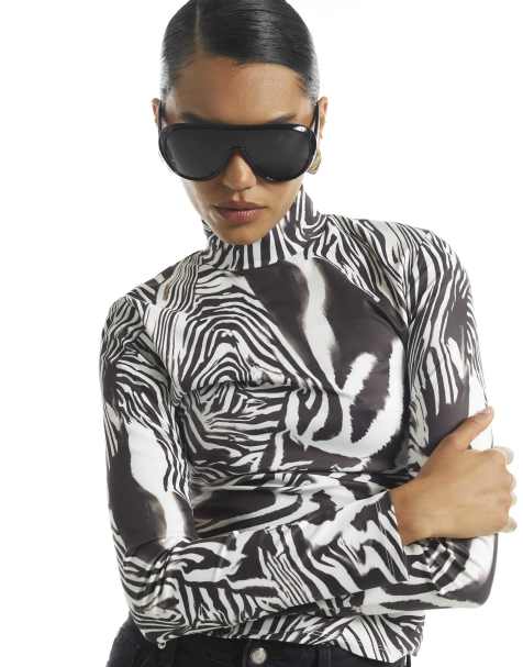 River Island Zebra print funnel neck top in white - view 1