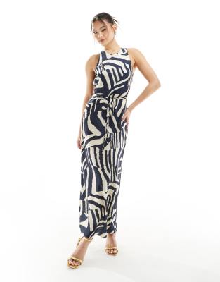 River Island zebra print racer bias midi dress in navy Smart Closet