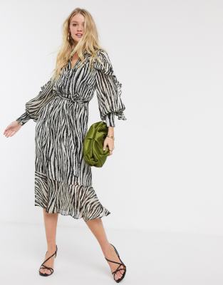 River Island zebra print ruffle midi shirt dress-Black