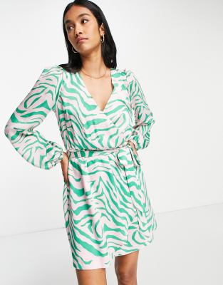 River Island zebra print satin wrap mini dress in green-Pink