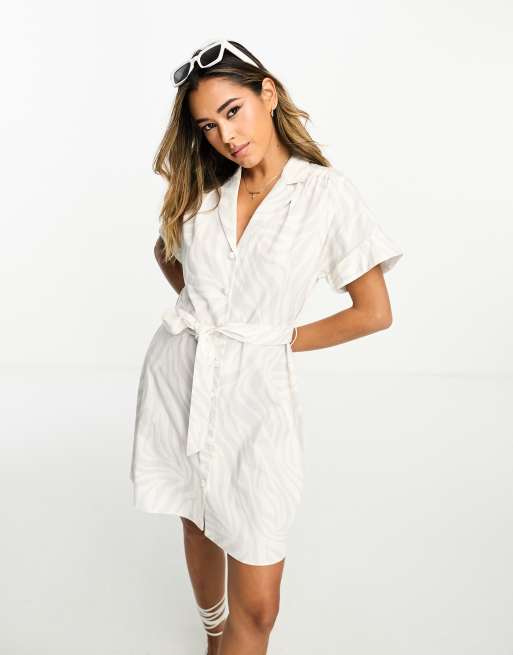 River Island zebra print tie waist mini shirt dress in white