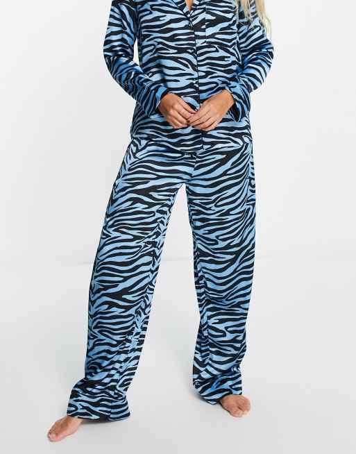 River Island zebra satin pajama pants in blue ASOS