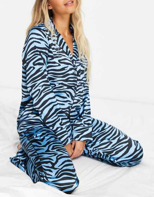 River Island zebra satin pajama shirt and pants in blue