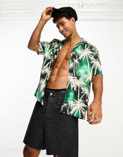 River Island – Zielona koszula we wzór w palmy