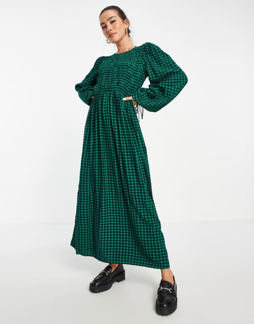River Island – Zielona marszczona sukienka z długimi rękawami i kołnierzykiem