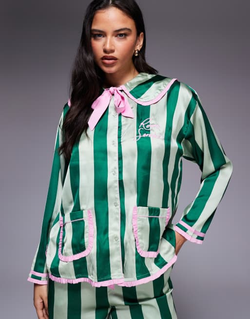 River Island – Zielona piżama w paski z dużym kołnierzem, 3 z 4