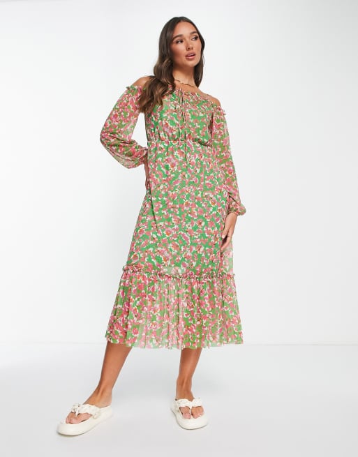 River Island – Zielona sukienka midi z dekoltem bardot w kwiatowy wzór