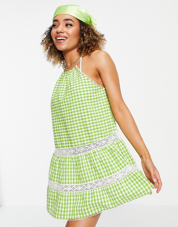 River Island – Zielona warstwowa sukienka plażowa mini w kratkę vichy Krata Vichy Opór 