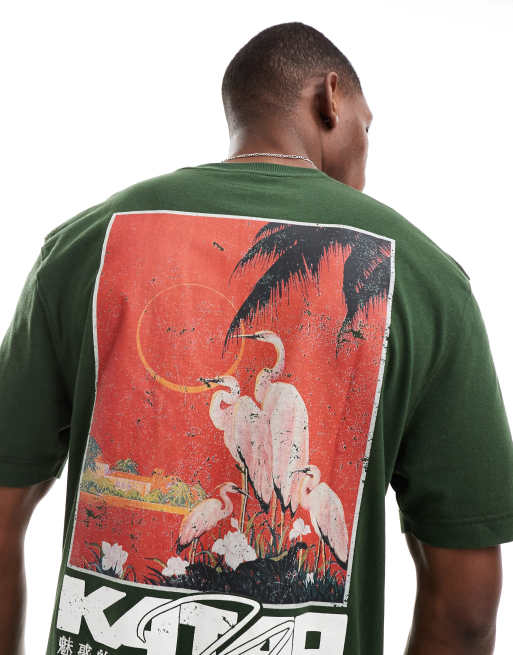 River Island – Zielony T-shirt z japońskim nadrukiem na plecach
