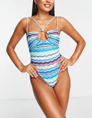 River Island Zig Zag Ring Detail Swimsuit In Blue