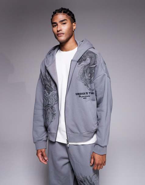 River Island zip down oversized dragon print hoodie in grey - view 1