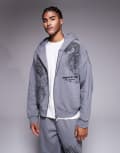 [River Island] River Island zip down oversized dragon print hoodie in grey M GREY - LIGHT