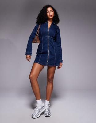 River Island zip front denim mini dress in indigo wash-Blue