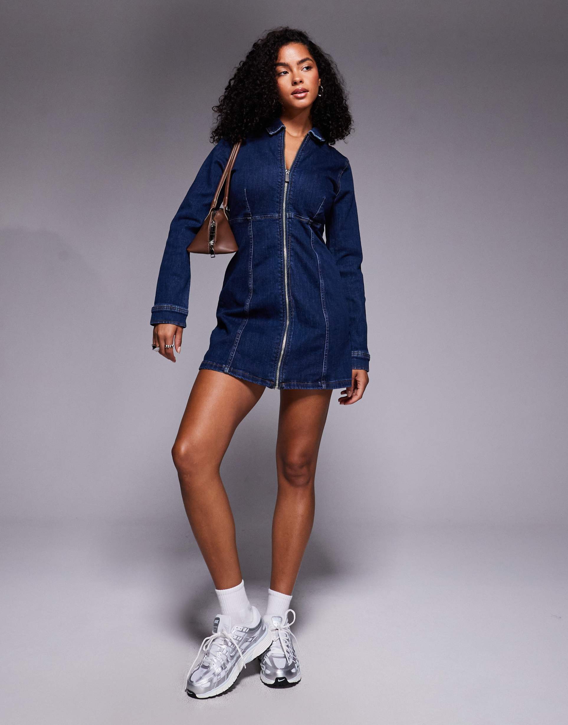 river island zip front denim mini dress in indigo wash